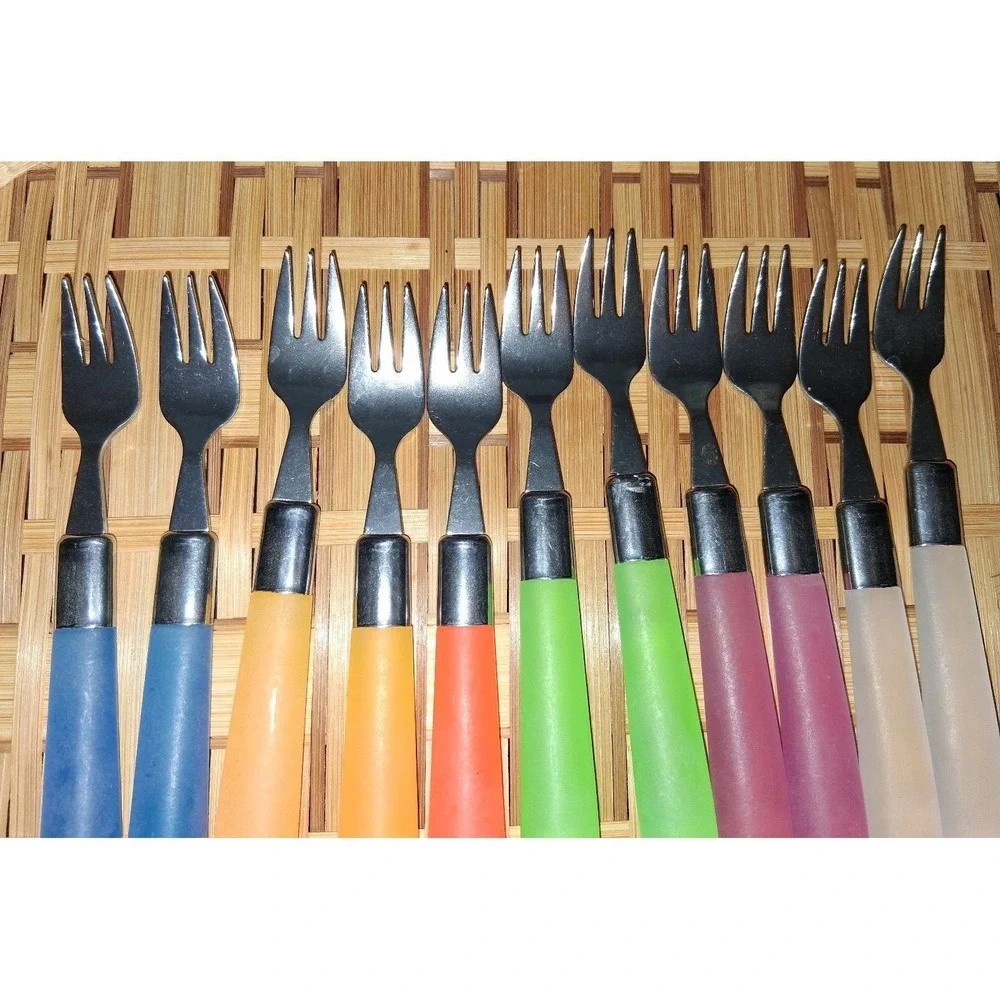 Vintage MCM Lucite Style Handle Cocktail Seafood Forks Set of 11 Rainbow Stainle